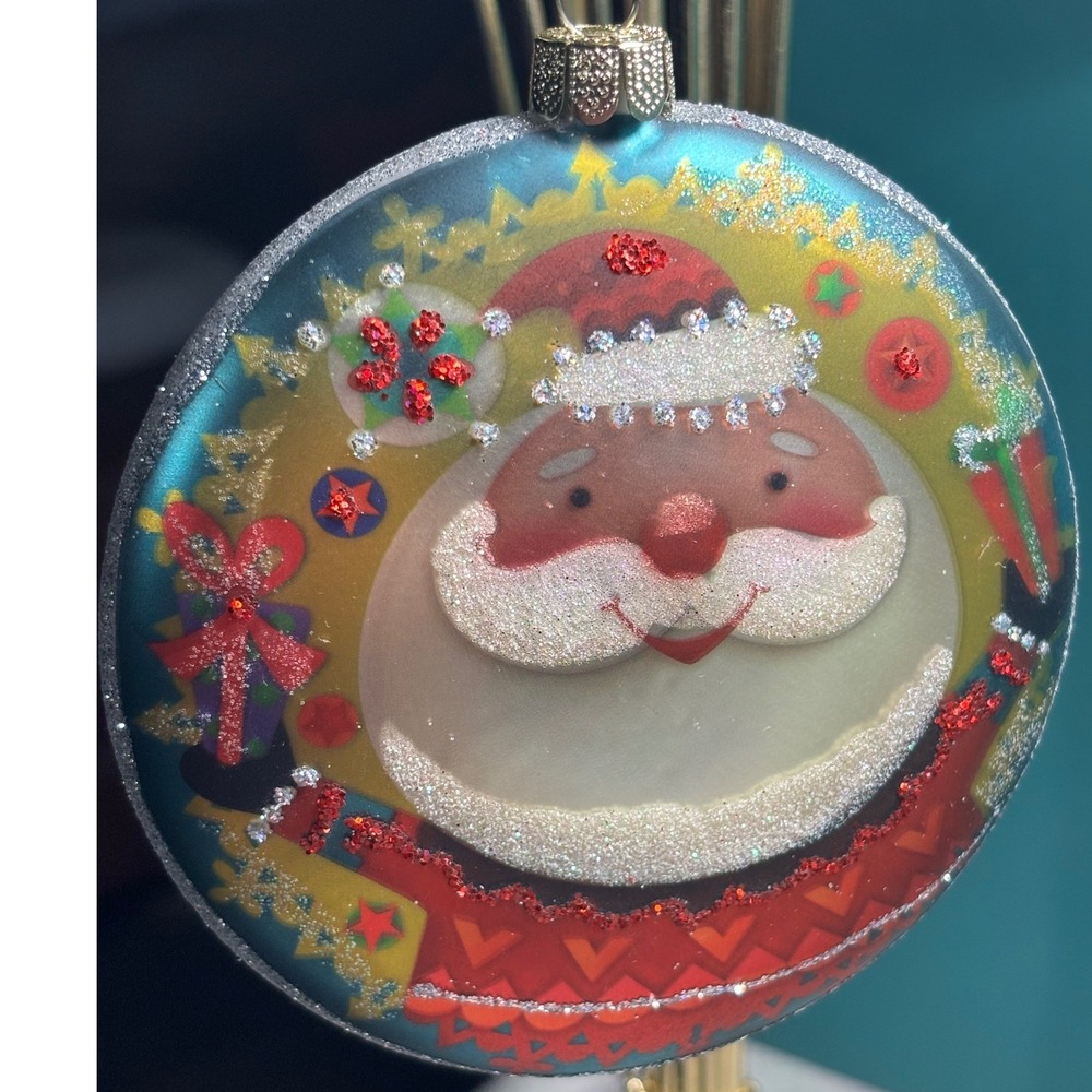 JS Santa Claus Glass Ornament Teal Blue Glitter Disc Round Holiday Decor 4"